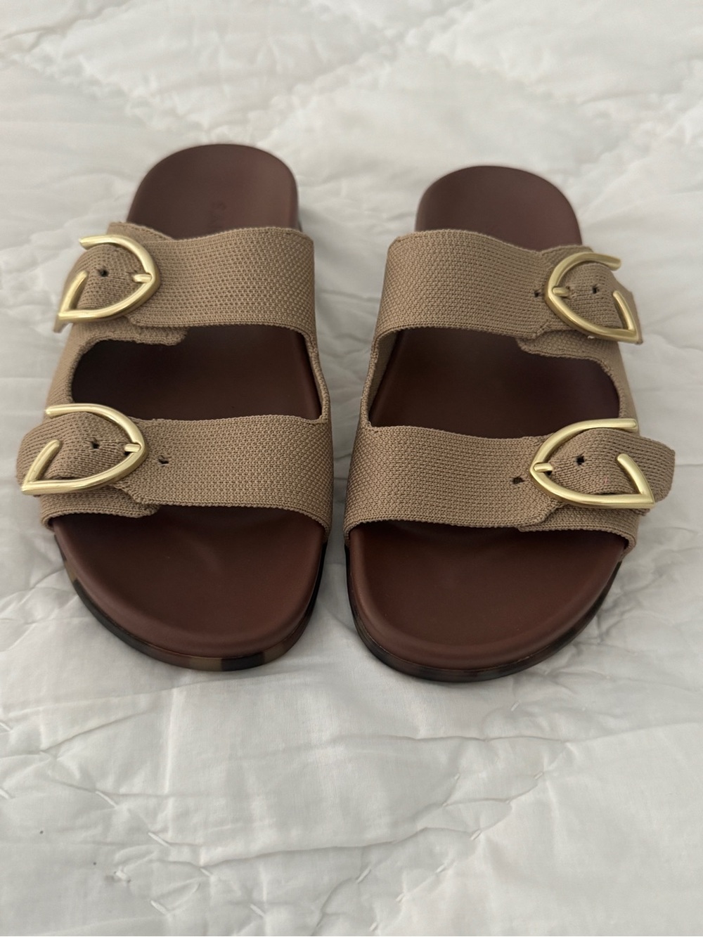 Rothy's Beige Double Strap Slide Sandals with Gold Buckles - Picture 2 of 4